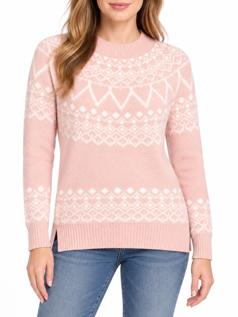 LOFT Pink White Fair Isle Nordic Pullover Sweater Women’s Small